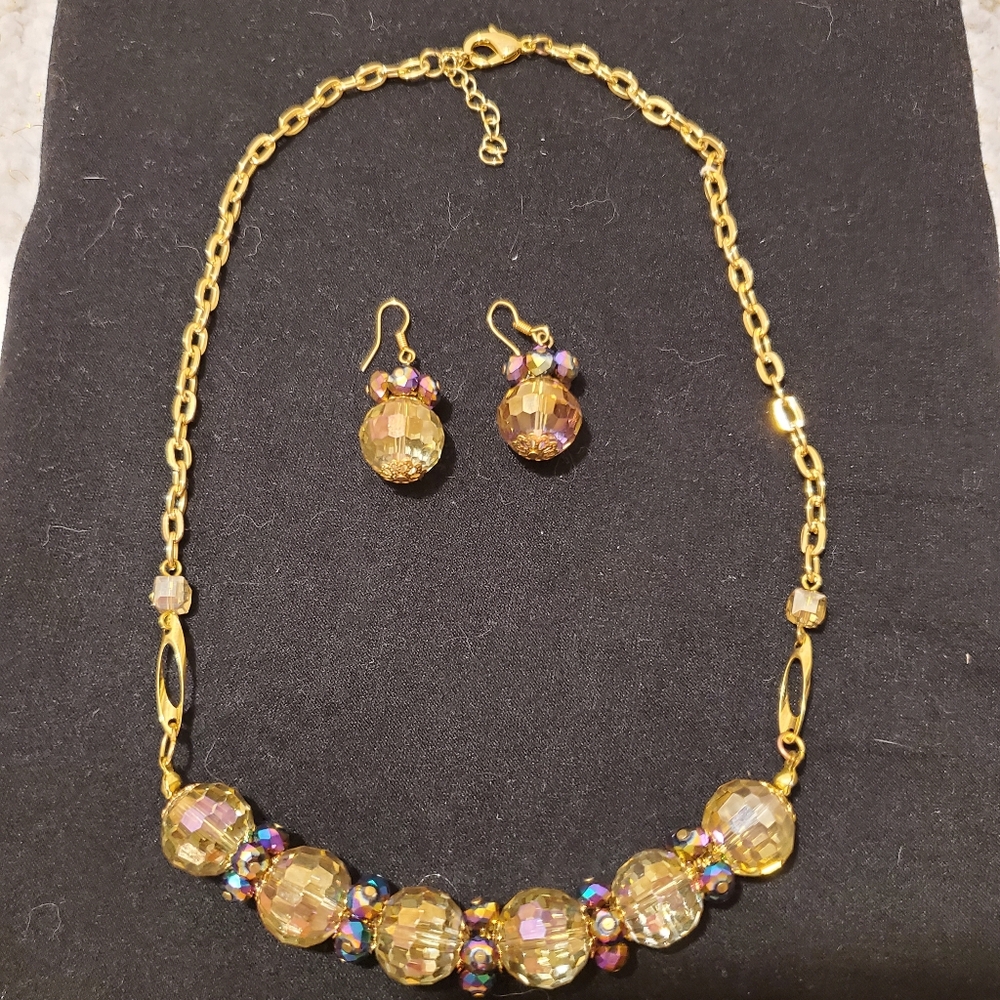 Elegant Gold , Glass Bead Necklace and Earring Set
